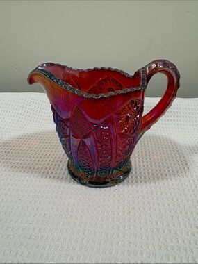 Vintage Indiana Glass Heirloom Sunset Carnival Glass Pitcher - Red Amberina  EUC